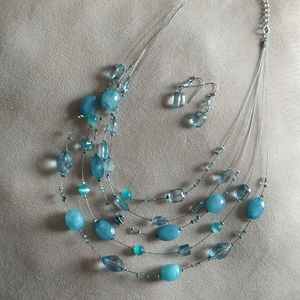 Blue tiered necklace with earrings set